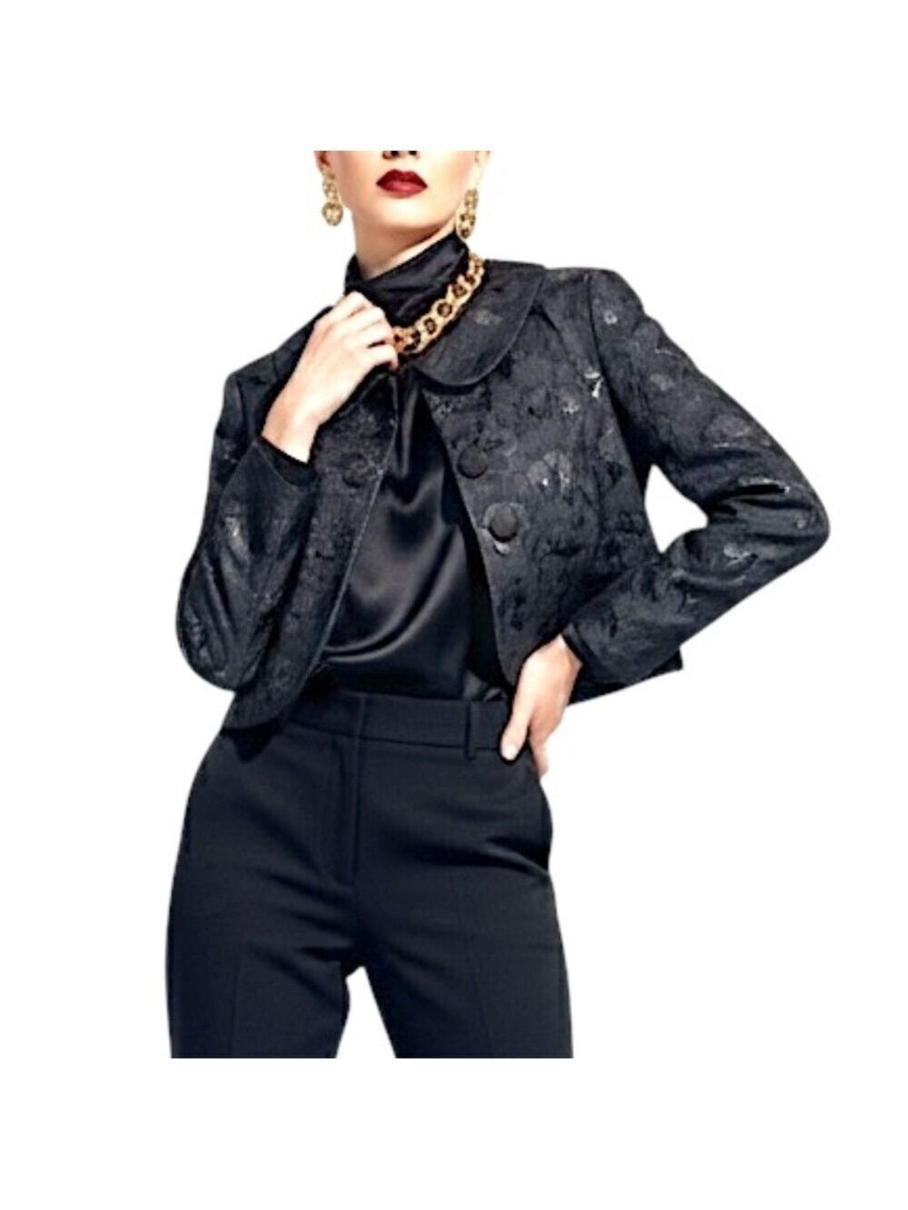 Trina Turk black silk blend jacquard floral cropped jacket bolero blazer 12